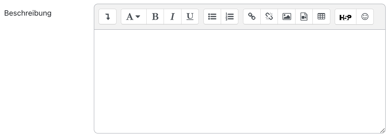 Der Ausschnitt zeigt das Eingabefeld "Beschreibung", ein mehrzeiliges Feld mit den Funktionen eines Texteditors, am oberen Rand ist die entsprechende Symbolleiste eingeblendet.