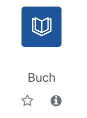 Der Ausschnitt zeigt die Auswahl für das Material "Buch". Dargestellt ist ein Buch-Icon in blau, darunter der Text "Buch" und zwei Symbole, ein Stern um die Materialart als Favoriten zu markieren sowie ein Info-Symbol (ein i auf einem grauen Kreis) um nach einem Klick weitere Informationen zu dieser Materialart zu erhalten.