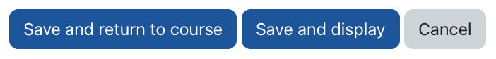 The screenshot shows the buttons "Save and return to course", "Save and display", and "Cancel".