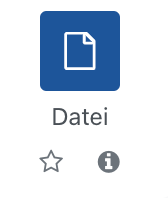 Der Ausschnitt zeigt die Auswahl für das Material "Datei". Dargestellt ist ein Datei-Icon (ein Dokument) in blau, darunter der Text "Datei" und zwei Symbole, ein Stern um die Materialart als Favoriten zu markieren sowie ein Info-Symbol (ein i auf einem grauen Kreis) um nach einem Klick weitere Informationen zu dieser Materialart zu erhalten.