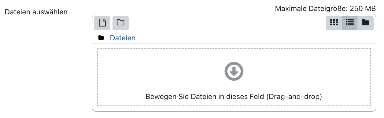 Der Ausschnitt zeigt den Dialog "Dateien auswählen". In der ersten Zeile ist "Maximale Dateigröße: 250 MB" angegeben, darunter ist der Bereich zum Hochladen und Verwalten von Dateien zu sehen. Die erste Zeile enthält die Symbole "Datei", "Verzeichnis" und drei verschiedene Symbole zur Formatierung der Dateiliste, "Symbole", "Liste" und "Ordnerstruktur". Darunter befindet sich ein großes Feld als Ziel für die Drag and Drop-Funktionalität, dargestellt durch einen nach unten zeigenden Pfeil in einem Kreis und dem Text "Bewegen Sie Dateien in dieses Feld (Drag-and-drop".