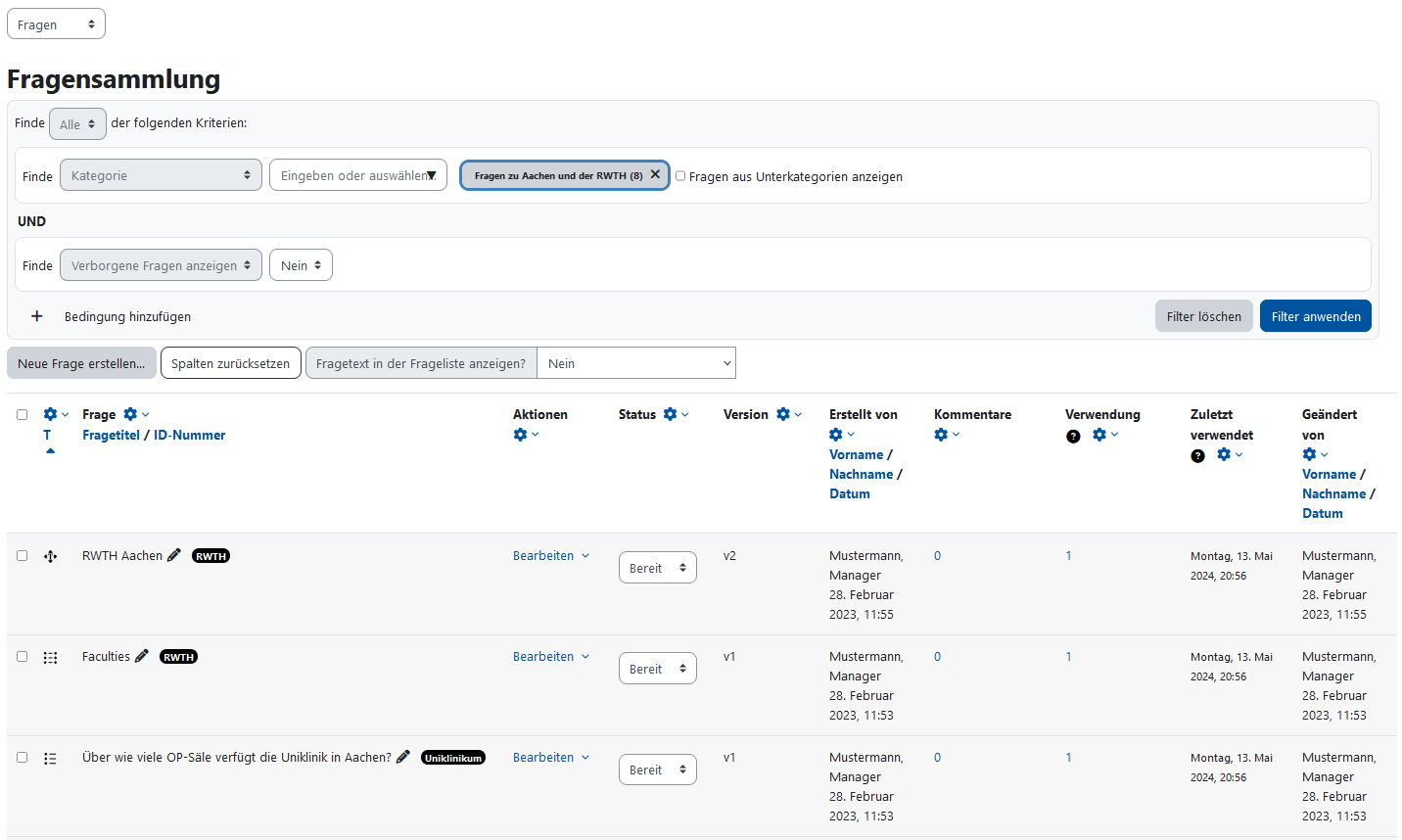 Screenshot: Fragensammlung mit Filterfunktionen, darunter mehrspaltige Tabelle mit vorhandenen Fragen und weiteren Bearbeitungsfunktionen