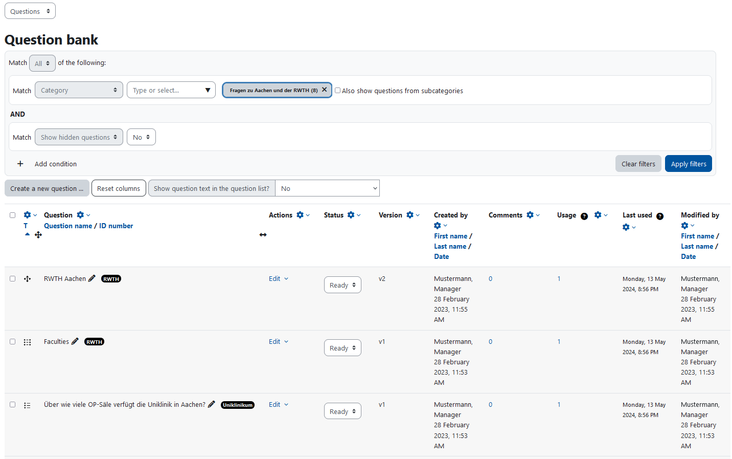 Screenshot: Collection of questions with filter functions, including multi-column table with existing questions and further editing functions