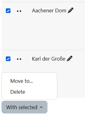 Screenshot: Questions checked with open drop-down menu “With selected” and the options “Move to...” and “Delete”