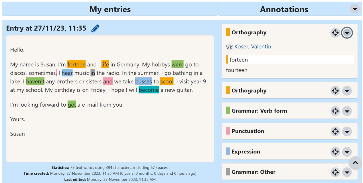 Annotations displayed next to an entry