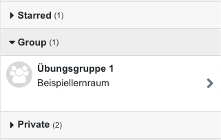 The screenshots possible categories for messages. In this example, "Starred (1)", "Group (1)", and "Private (2)". Under "Group (1)" the group "Übungsgruppe 1 - Beispiellernraum" is listed.