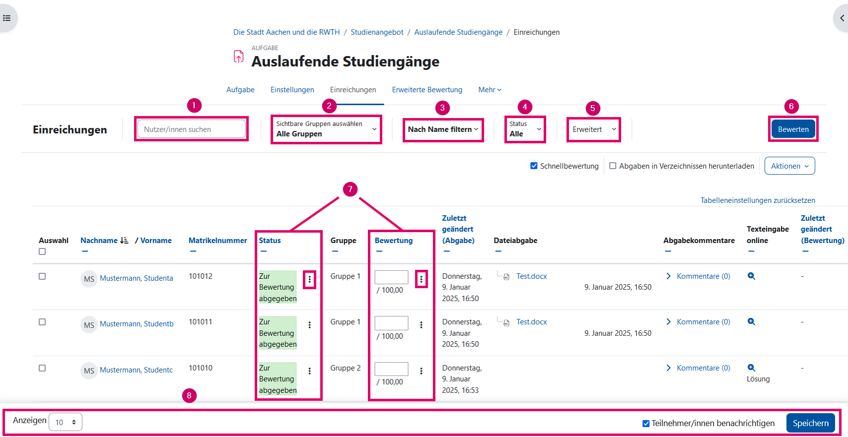 Screenshot: Tabelle innerhalb einer Aufgabe. Funktionen bzw. Bestandteile oberhalb und unterhalb markiert und mit Zahlen versehen.