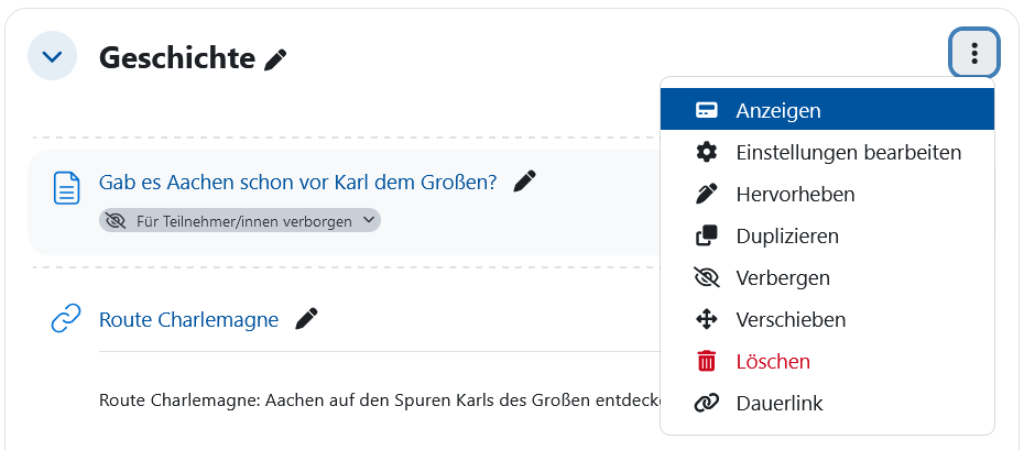 Screenshot: Abschnitt mit geöffnetem Drei-Punkte-Menü und ausgewählter Option "Anzeigen"