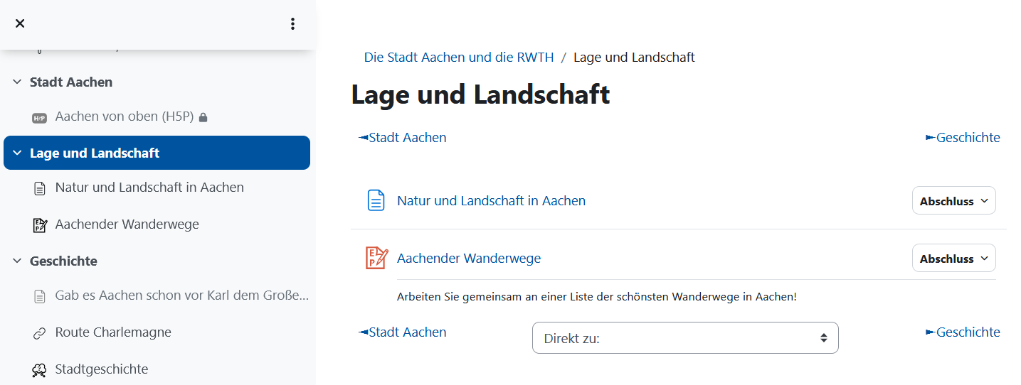 Screenshot: Abschnitt auf eigener Seite mit geöffnetem Kursindex links daneben