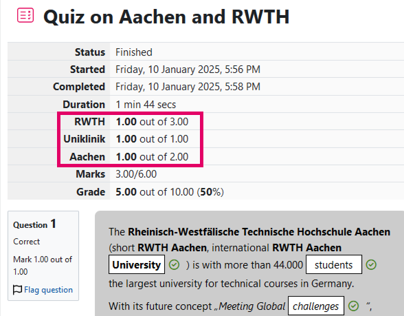 Screenshot: Results in the "Quiz" activity, the grading broken down into sections is marked