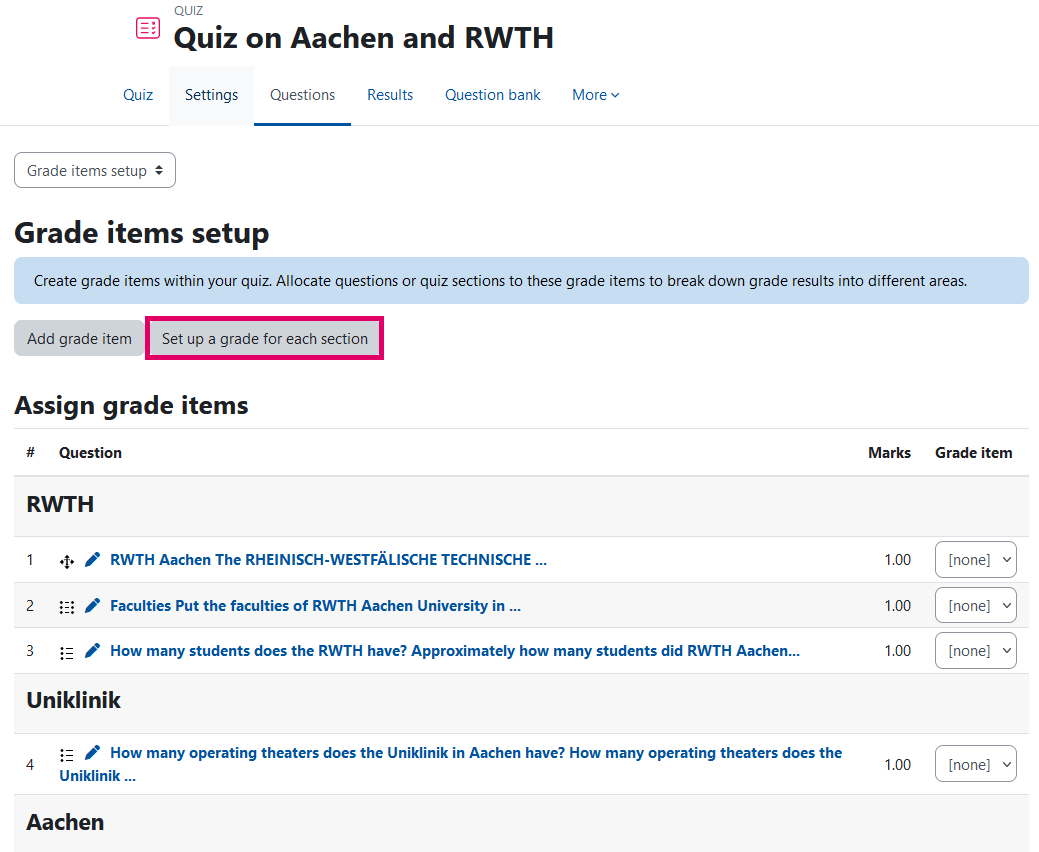 Screenshot: Quiz with sections and the button "Set up a grade for each section" marked 