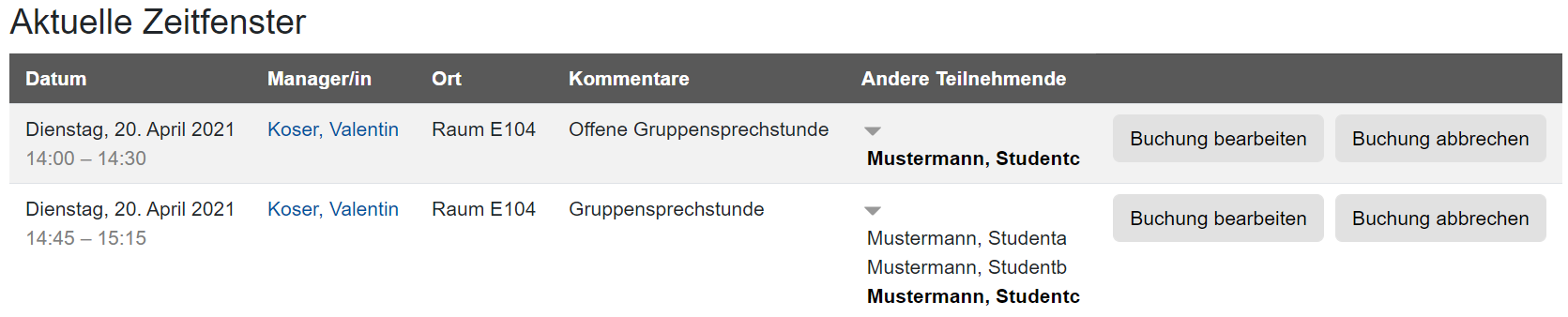 Screenshot: Liste und Auswahl der kommenden Zeitfenster