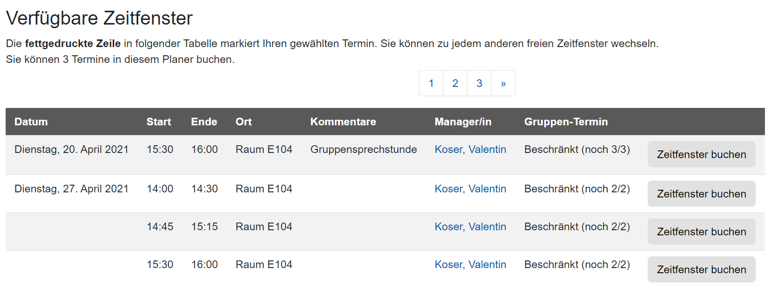 Screenshot: Liste der verfügbaren Zeitfenster und Buchungsoptionen