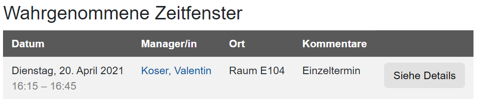 Screenshot: Details zu den teilnehmenden Zeitfenster