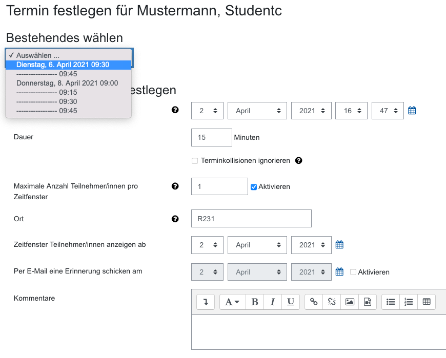 Screenshot Auswahl Zeitfenster