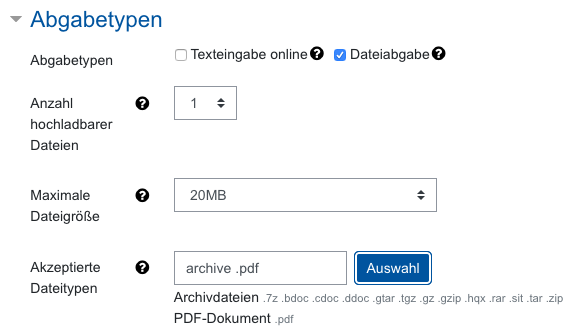 Screenshot Aufgabeneinstellungen, Kategorie Abgabetypen