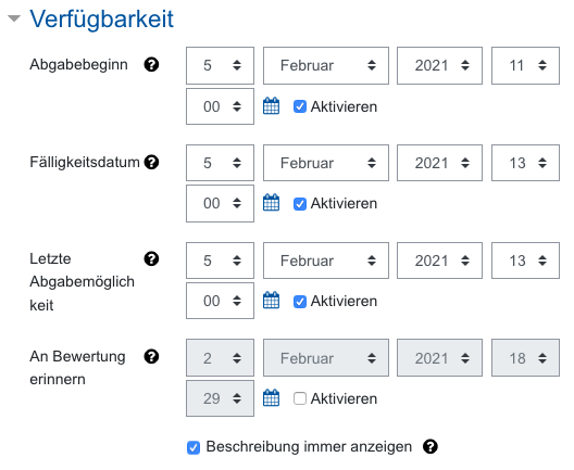 Screenshot Aufgabeneinstellungen, Kategorie Verfügbarkeit