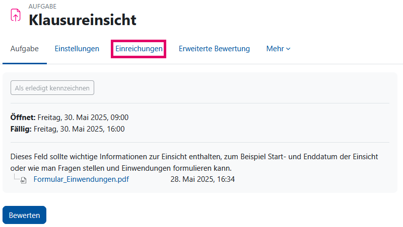 Screenshot: Aktivität "Aufgabe" mit Öffnungs- und Fälligkeitsdatum sowie dem Hinweis: "Dieses Feld sollte wichtige Informationen zur Einsicht enthalten, zum Beispiel Start- und Enddatum der Einsicht oder wie man Fragen stellen und Einwendungen formulieren kann." Der Menüpunkt "Einreichungen" ist markiert.