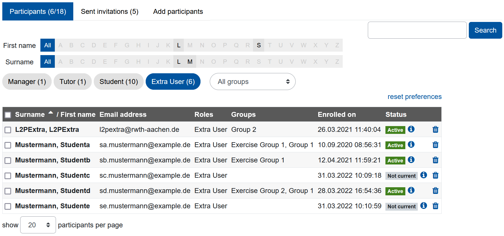 The screenshot shows the "Participants list". From three options at the top, "Participants (6/18)", "Sent invitations (5)", and "Add participants", the first one is highlighted. Below the filter to use with the first and the surname is available, in this case the letters "L" and "S", or "L" and "M" respectively are slightly highlighted, the option "All" for both rows is selected. Below the filters "Manager (1)", "Tutor (1)", "Student (10)", "Extra User (6)" (this one is highlighted), and the dropdown menu "All groups" are shown. The list itself contains six rows contain the following participants data: "Surname" and "First name", "Email address", "Roles", "Groups", "Enrolled on", and finally the "Status". The status is either "Active" (4 rows) or "Not current" (2 rows) . The last row is the setting for the number of entries to be displayed on a single page, reading "20" here.