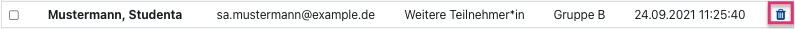 Der Bildschirmausschnitt zeigt eine Zeile mit den Angaben einer Person. Neben Vor- und Nachname ist die E-Mailadresse, die Rolle ("Weitere Teilnehmer*in"), die Gruppenzugehörigkeit ("Gruppe B") und das Beitrittsdatum mit Uhrzeit zu sehen. Am rechten Rand ist ein Mülleimersymbol zu sehen, das auch hervorgehoben ist.