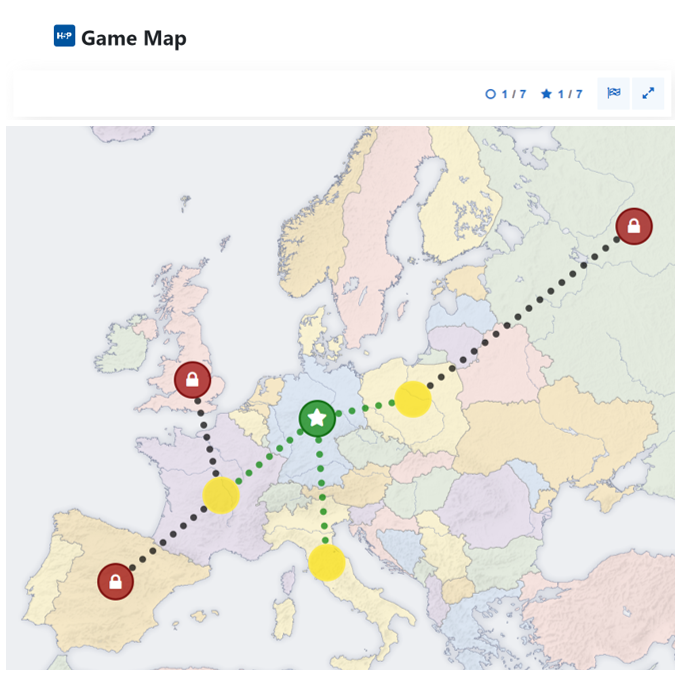 Exemplarische Darstellung einer Lernlandkarte mit verschiedenen Ländern. In insgesamt sieben Ländern wurde eine Etappe platziert. Hinter jeder Etappe ist ein H5P-Inhaltstyp hinterlegt. Die Etappen sind miteinander verbunden, wobei ein Land den Startpunkt bildet. Vom Startpunkt aus können drei andere Etappen erreicht werden. Die Reihenfolge, in welcher die Etappen aufgerufen werden, ist nicht fest vorgegeben.Weiter entfernt liegende Etappen können noch nicht aufgerufen werden, sondern sind ab dem Zeitpunkt erreichbar, sobald die unmittelbar benachbarte Etappe erfolgreich bearbeitet wurde. 