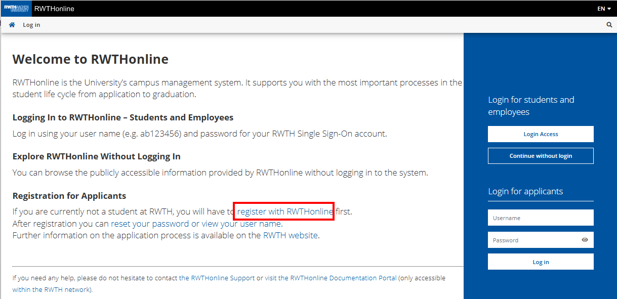 A screenshot of the RWTHonline homepage. The option for the registration in RWTHonline is marked in red.