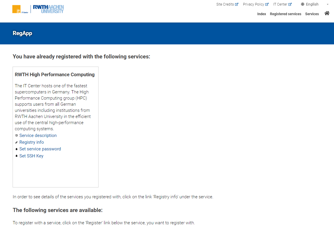 Screenshot of the RegApp Dashboard for a user who has registered with the RWTH High Performance Computing services.