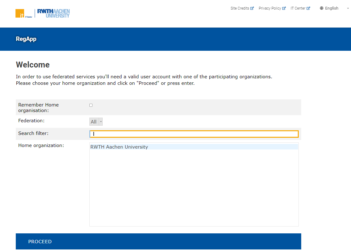 Screenshot of the Welcome page. A brief message says In order to use federated services you'll need a valid user account with one of the participating organizations. Please choose your home organization and click on "Proceed" or press enter. Below, the selection for the home organization is shown. The option to remember the home organization is at the very top, followed by search filters. Currently, the only participating organization is the RWTH Aachen University, the only option in the choice box.