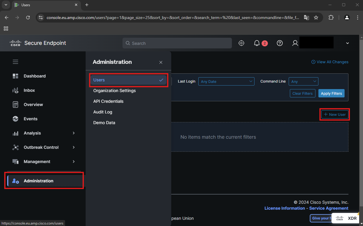 Das Bild zeigt die Cisco Secure Endoint Console, den Bereich "Administration" und die Option "New User" zum Hinzufügen von neunen Adminisatrationsaccounts.  