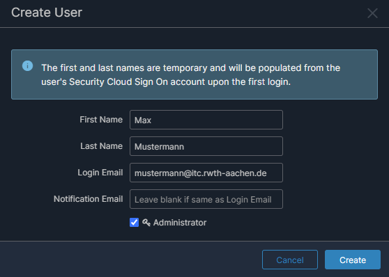 Das Bild zeigt ein Dialog-Fenster der Cisco Secure Endpoint Console mit der Option zur Eingabe vom den Vor- und Nachnamen und der E-Mail-Adresse für das Anlegen von einem neuen Administrationsaccount