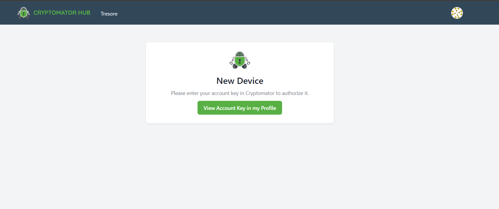 Screenshot des Cryptomator Hub auf dem die Nachricht "Neues Gerät" mit einem Knopf zum Anzeigen des Account Keys gezeigt wird.