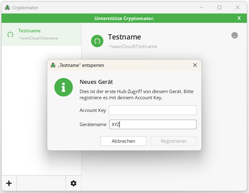 Screenshot des Fensters "Tresor entsperren" mit der Eingabeaufforderung den Account Key und eine Gerätename einzugeben.
