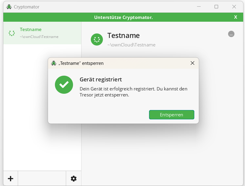 Screenshot der Statusmeldung "Gerät registriert".