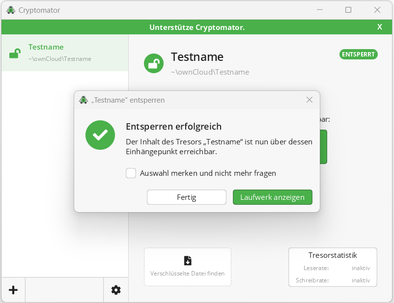 Screenshot der Statusmeldung "Entsperren erfolgreich".
