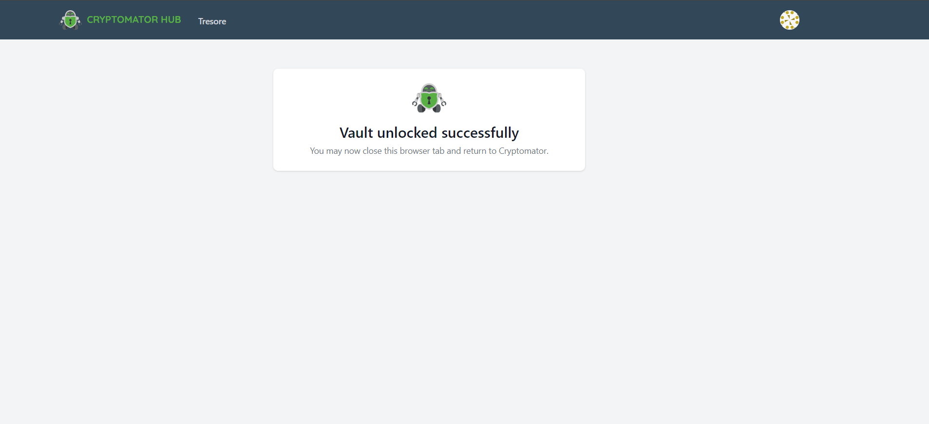 Screenshot der Statusmeldung "Tresor erfolgreich entsperrt".