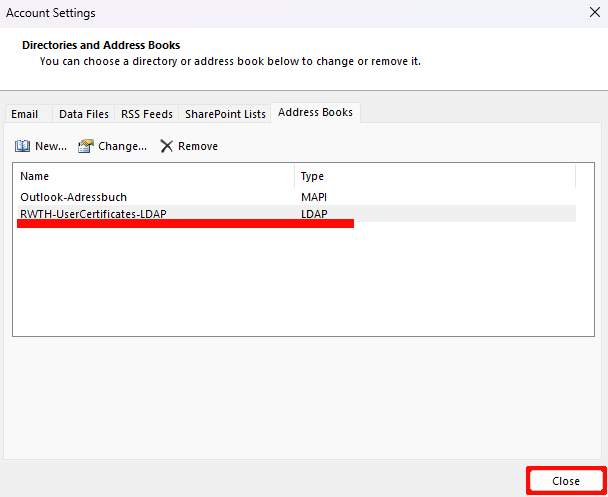 RWTH-LDAP displayed in the list of address books
