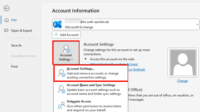 Opening the account settings