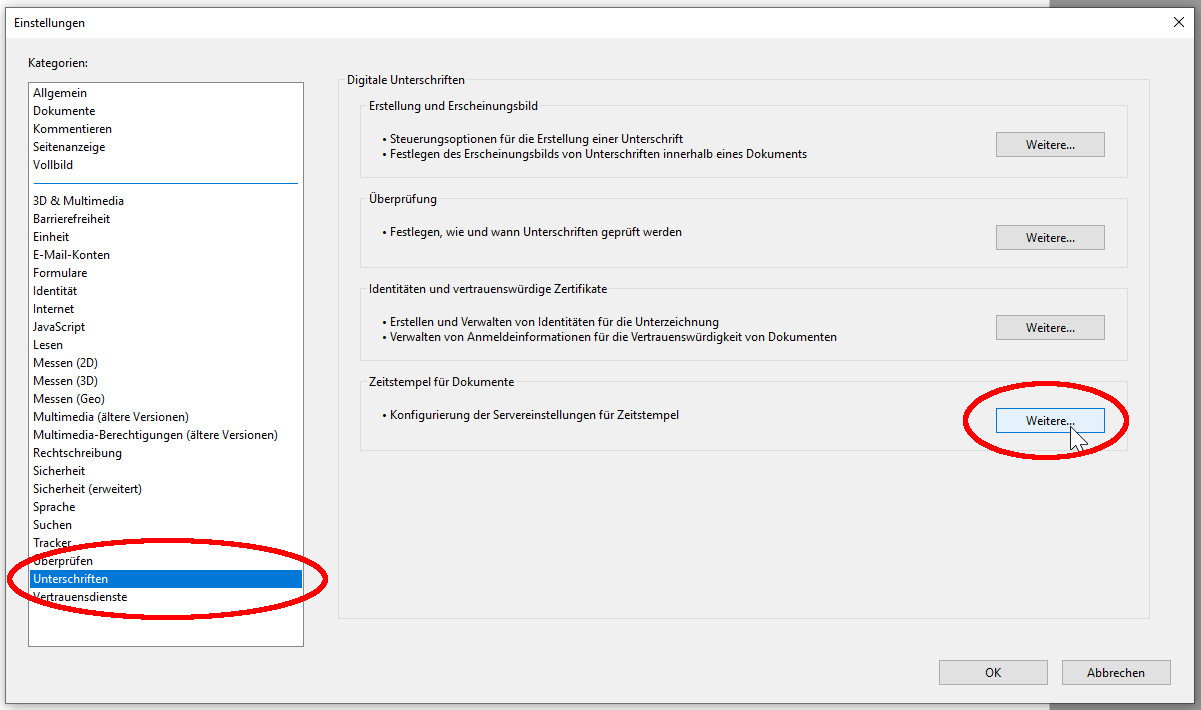 Unterschriften - Zeitstempel konfigurieren
