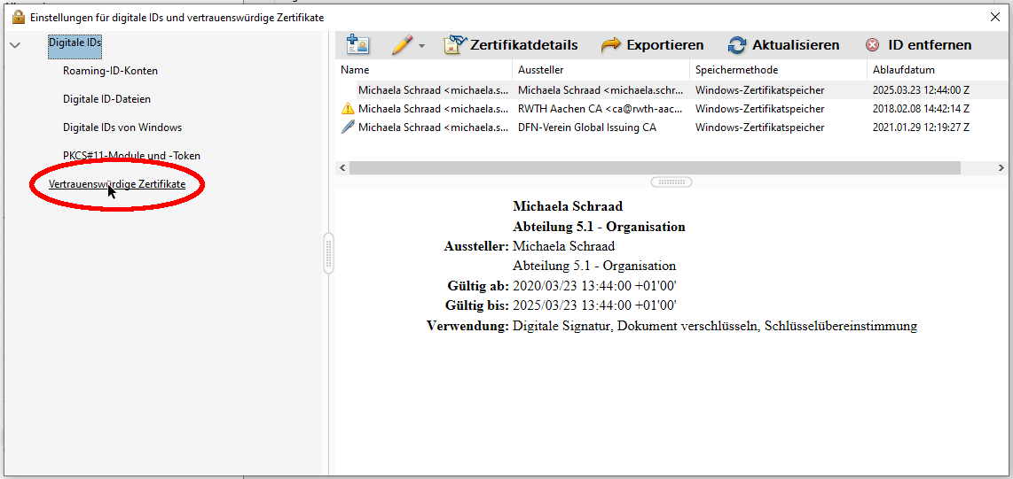 Navigationspunkt „Vertrauenswürdige Zertifikate“