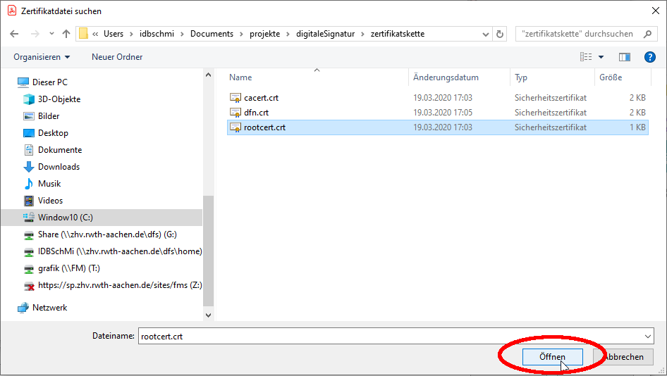 Stammzertifikat öffnen