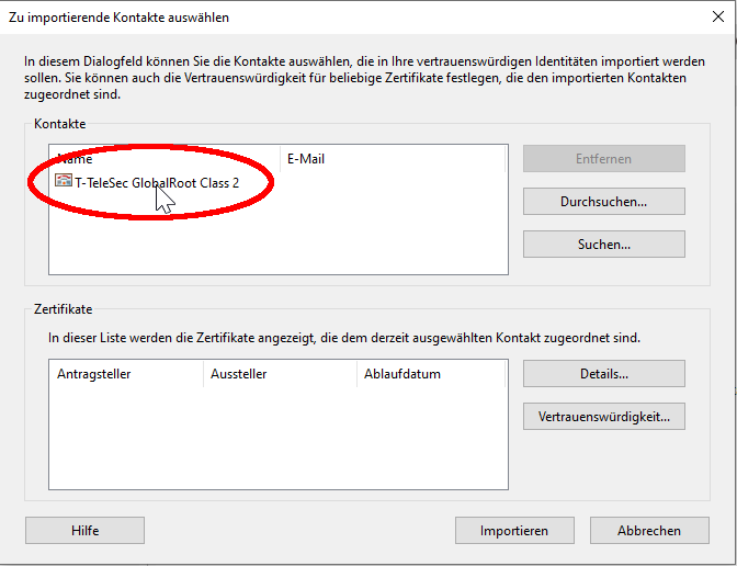 T-TeleSec Zertifikat als Kontakt wählen