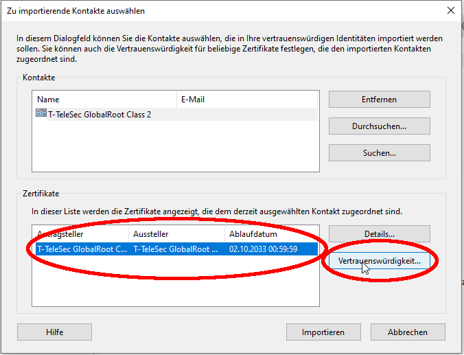 Zertifikat auswählen und Vertrauenswürdigkeitsdialog öffnen