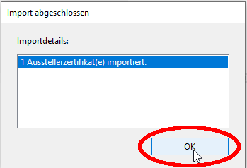 Zertifikatsimport abgeschlossen