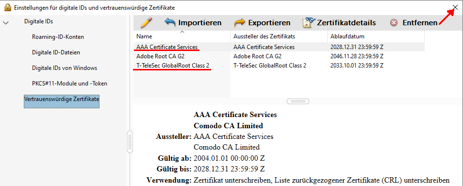 Einstellungen Vertrauenswürdige Zertifikate abgeschlossen