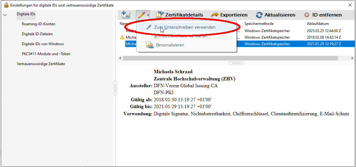 Digitale ID zum Unterschreiben verwenden