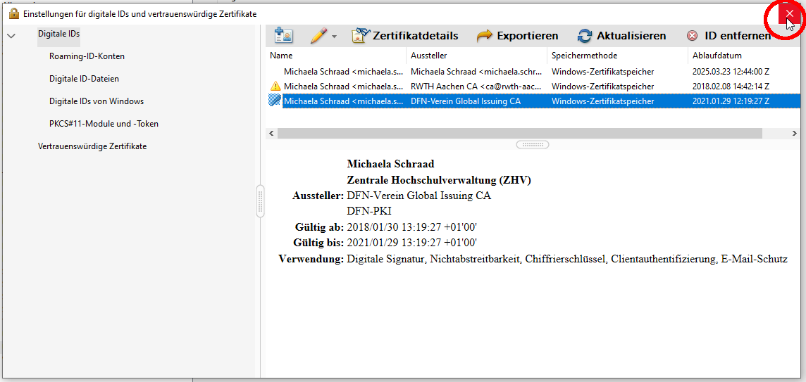 Einstellungen für digitale IDs schließen