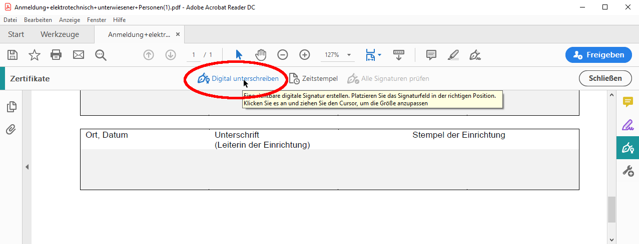 „Digital unterschreiben“ wählen