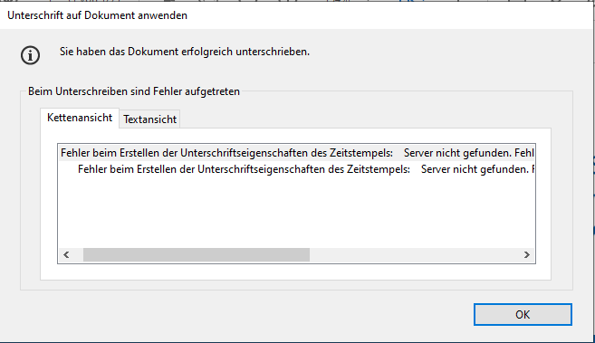 Fehlermeldung Zeitstempelserver