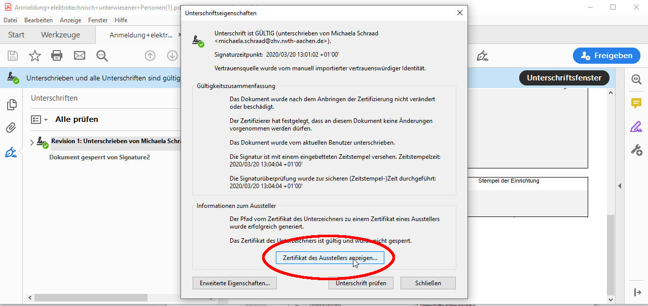 Nutzerzertifikat des Unterschreibendens anzeigen