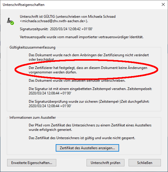 Unterschriftseigenschaften bei nach der Unterschrift gesperrten Dokumenten